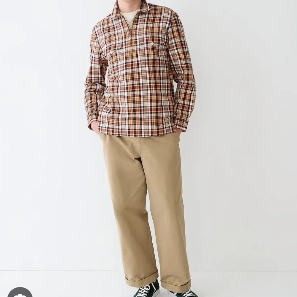 J. Crew Half Zip Pullon Shirt Jacket Large Yarn Dyed Cotton Canvas Plaid Pockets